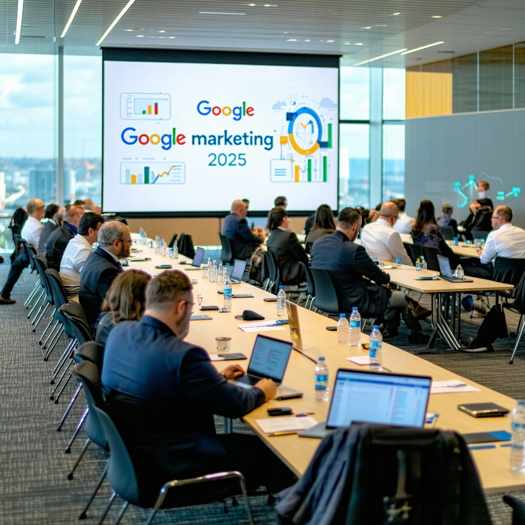 The image showcases a modern sleek conference room filled with insurance professionals engaged in an interactive workshop A large screen at the front displays the Google Marketing Live 2025 logo with vibrant graphics illustrating key marketing strate-1